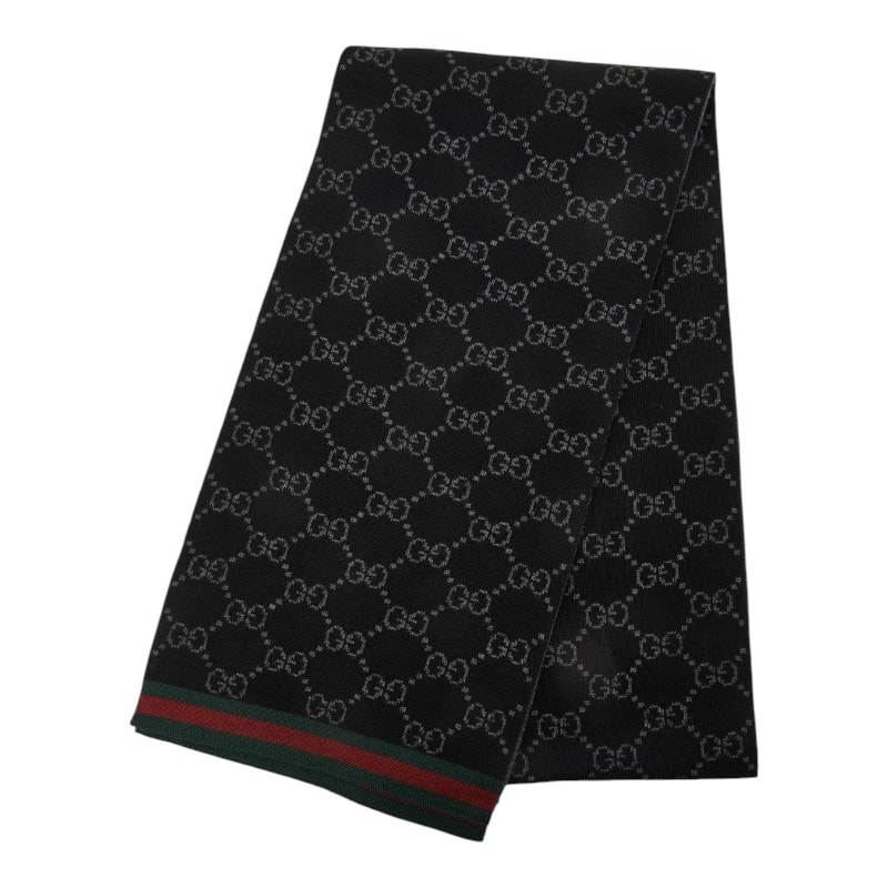 グッチ シェリーライン GGロゴ ジャカード マフラー ブラック グレー ウール レディース GUCCI 中古