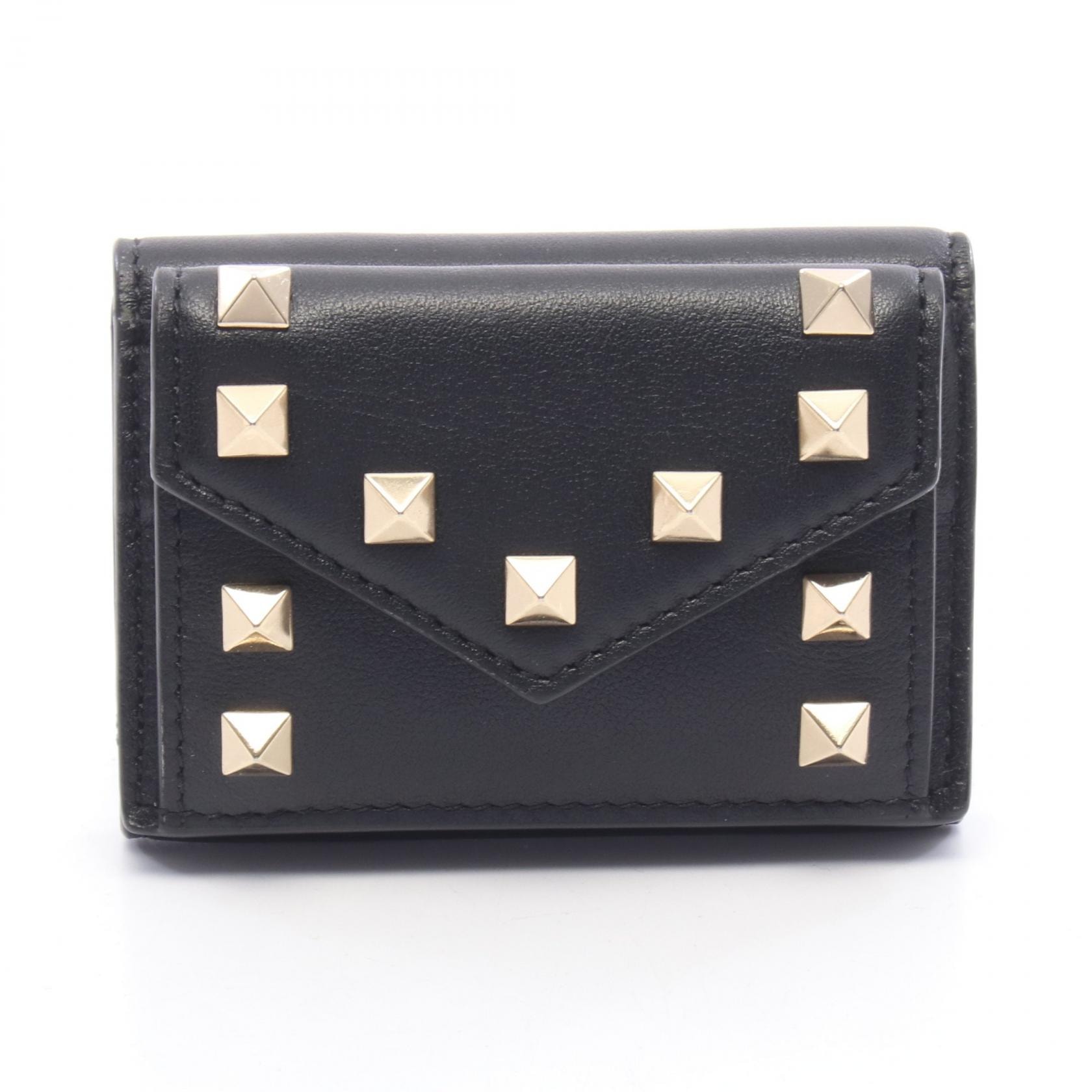 ヴァレンティノ・ガラヴァーニ Valentino Garavani ロックスタッズ 三つ折り財布 財布 ラムスキン(羊革) レディース ブラック系 【中古】