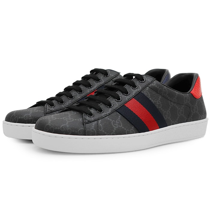 【新品同様】GUCCI グッチ ローカットスニーカー サイズ 8 メンズ Ace エース ロゴ GGスプリームキャンバス ウェブストライプ シューズ 靴 箱/袋付属 チャコール イタリア製