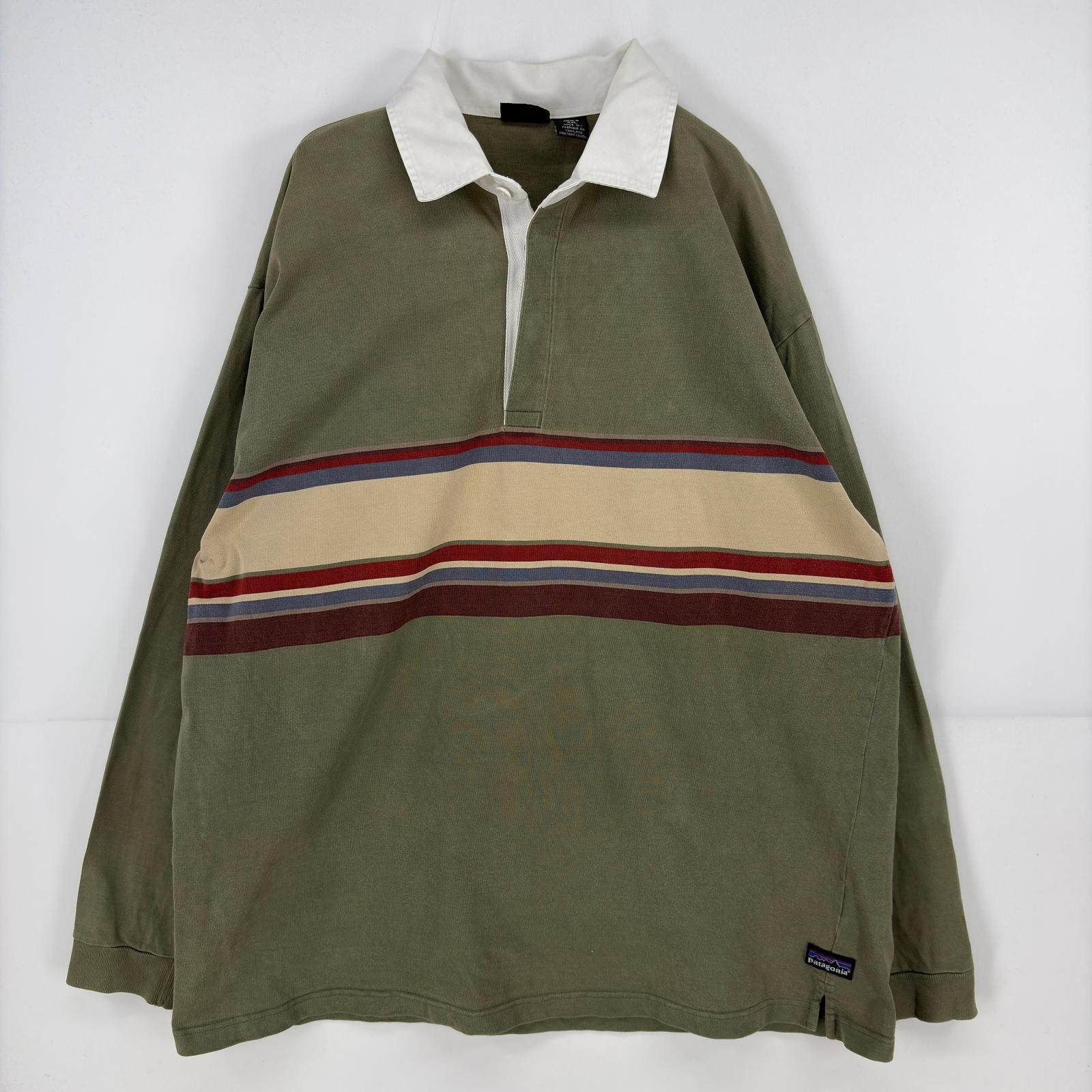 古着 パタゴニア patagonia 長袖シャツ ワンポイント ロゴ フェード 大きいサイズ ラガーシャツ 2XL  カーキ系 ボーダー メンズ