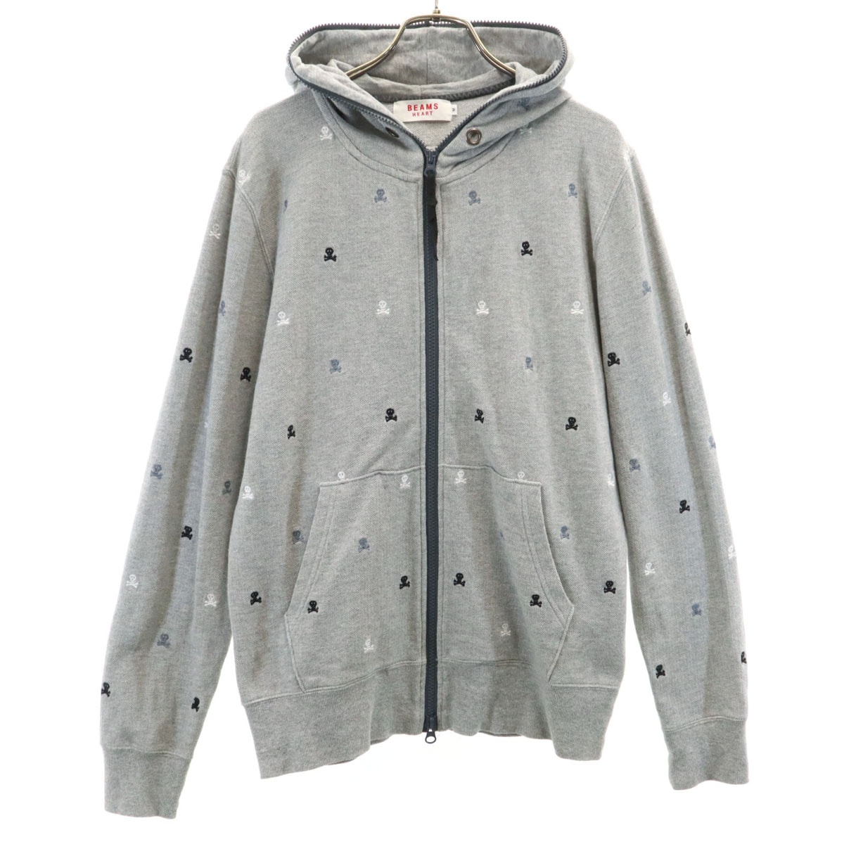 BEAMS HEART ビームスハート 総柄 長袖 ジップパーカー M グレー ドクロ
