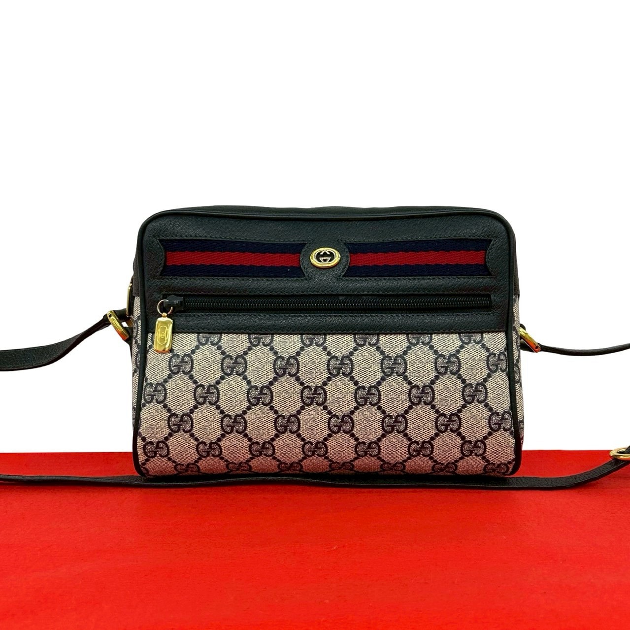 GUCCI グッチ シェリーライン GG ロゴ 金具 レザー PVC ショルダーバッグ ネイビー
 81627