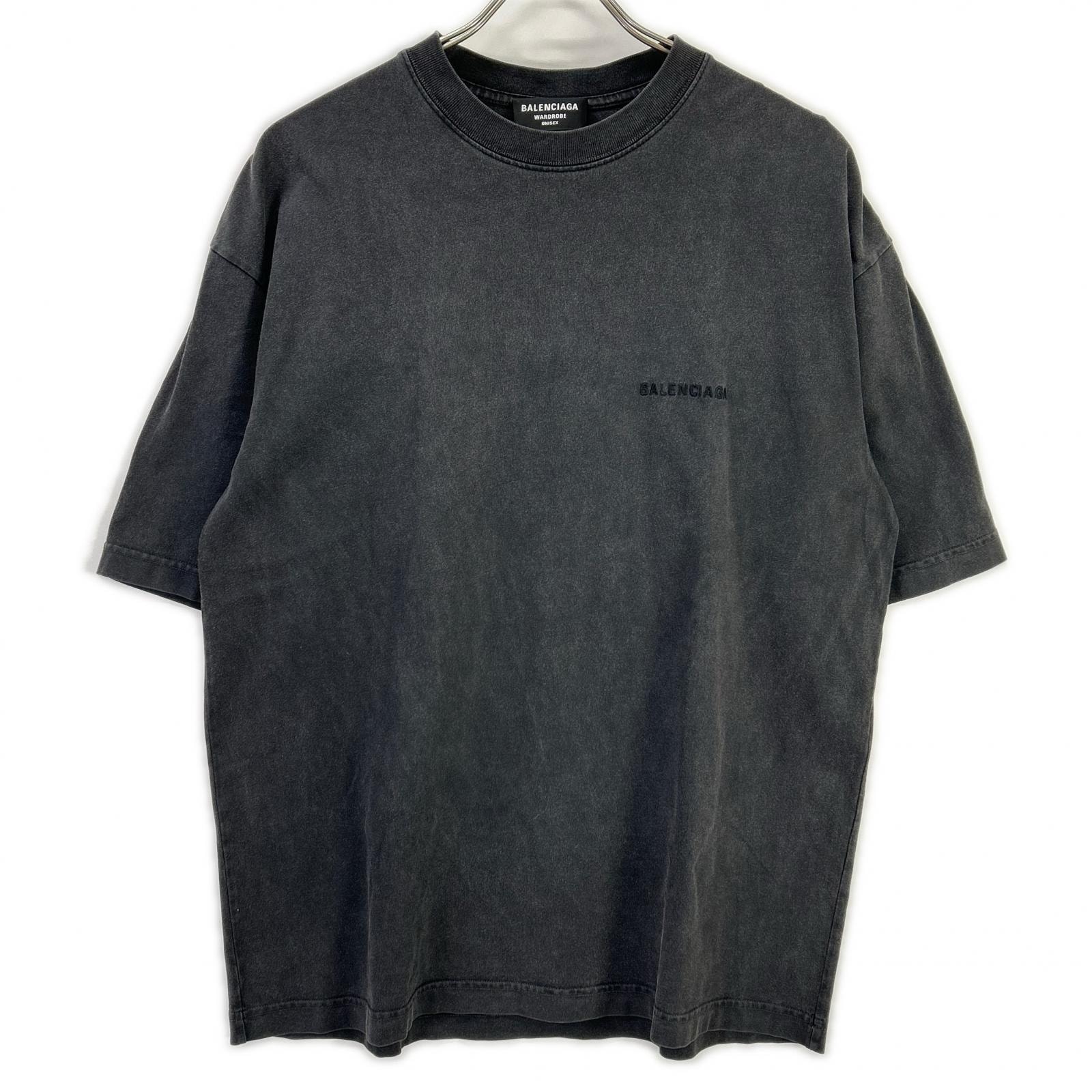 バレンシアガ 612966 ダークグレー ガーメントダイ バッグロゴ Tシャツ XS