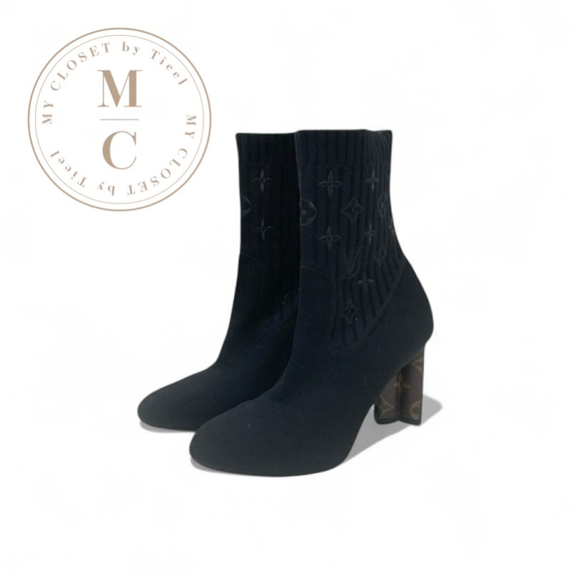 ルイヴィトン LOUIS VUITTON シルエットライン モノグラム ブーツ ショートブーツ 靴 シューズ ファブリック レザー ブラック ブラウン 黒 アンクルブーツ ソックスブーツ ニット