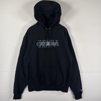 古着 チャンピオン Champion パーカー スウェット フーディ マフポケット ワッペン プルオーバー ビッグプリント M ブラック メンズ