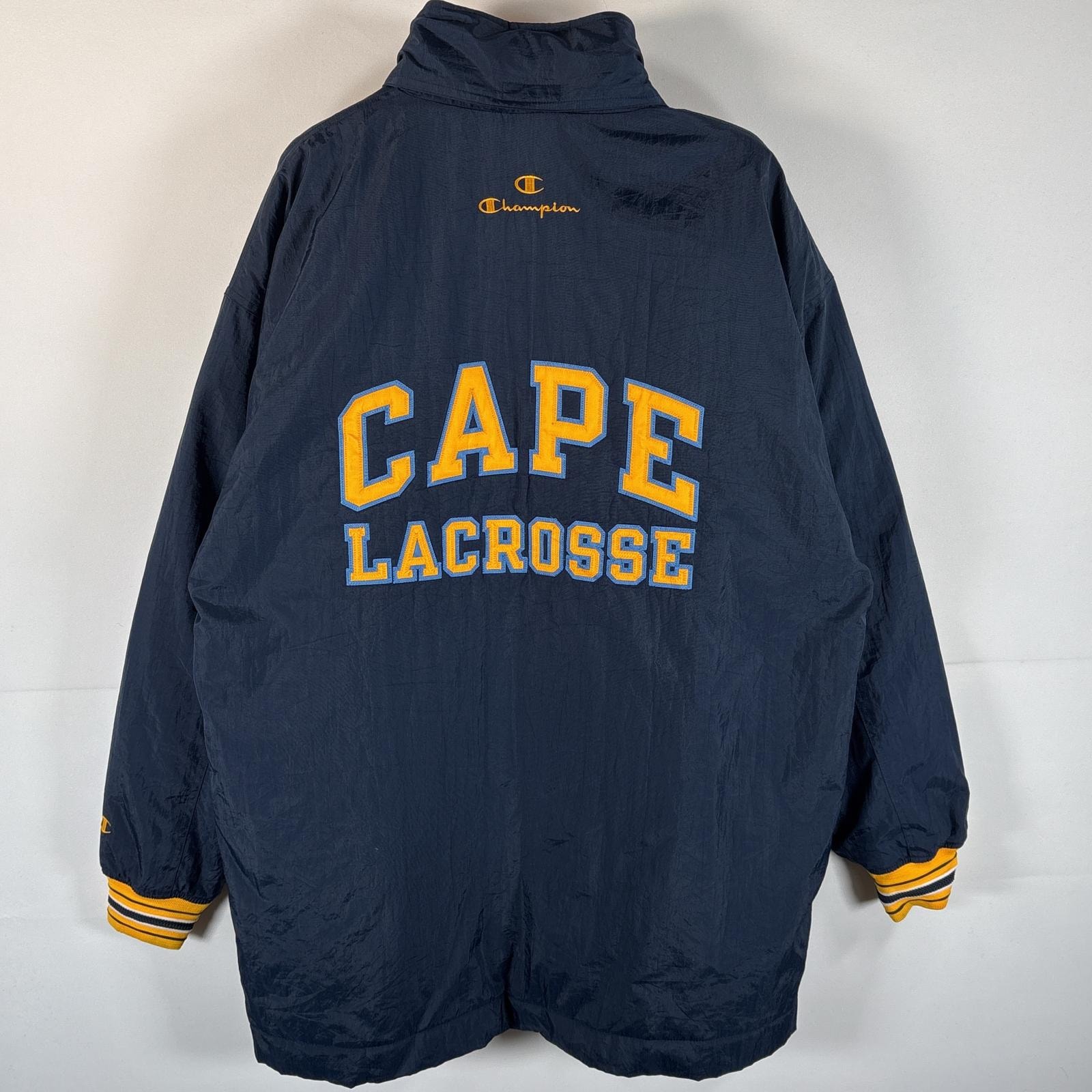 古着 90's/90年代 チャンピオン Champion ナイロンジャケットパーカー フルジップ スタジャン 中綿 バックロゴ刺繍 チーム L  ネイビー メンズ