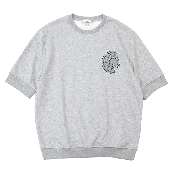 新品同様 エルメス 2025年製 スウェット クルードセル セリエ エンブロイダリー ハーフスリーブ リラックスフィット 半袖Tシャツ メンズ グレー M HERMES