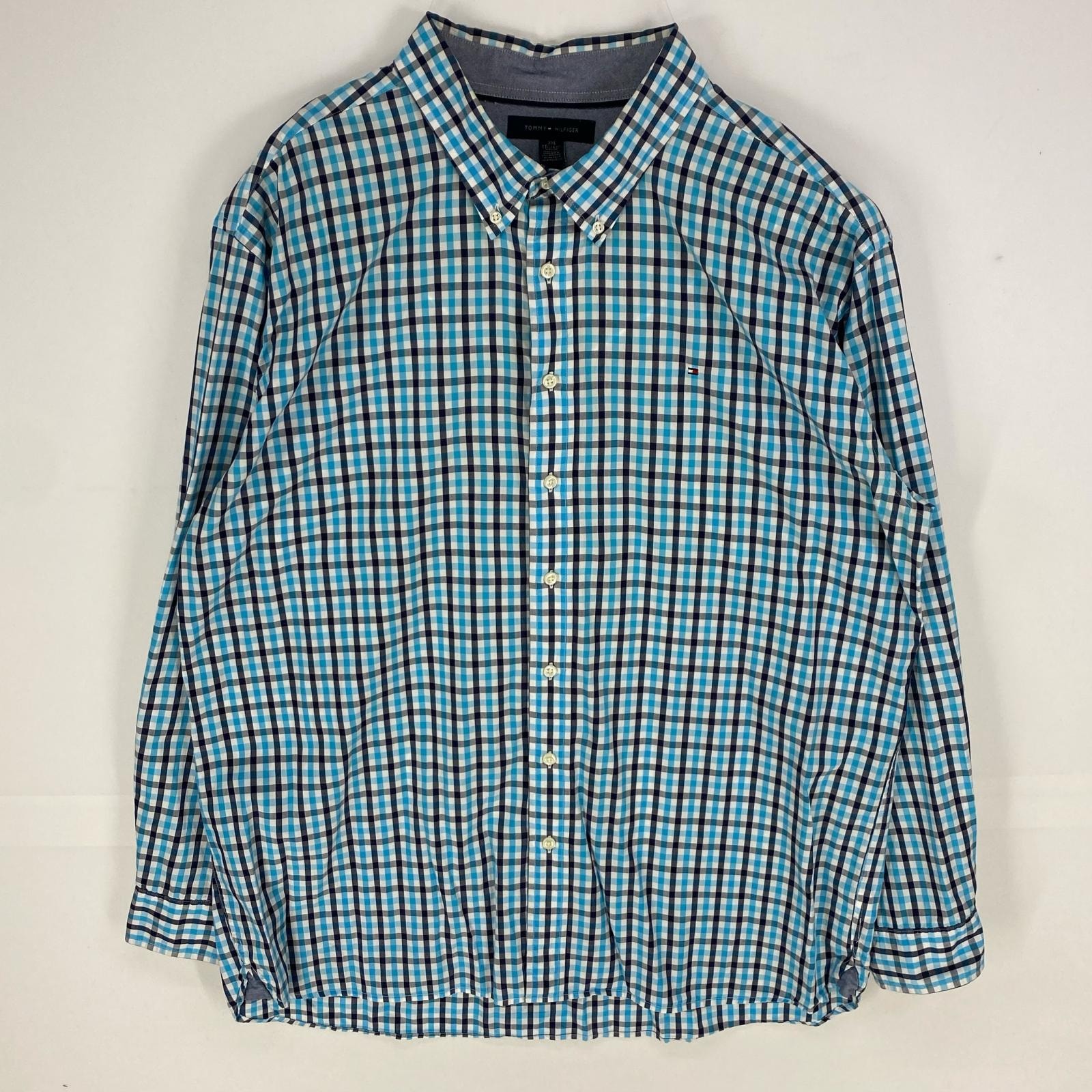 古着 トミーヒルフィガー TOMMY HILFIGER 長袖シャツ ワンポイント ボタンダウン ロングスリーブ 2XL  ブルー系 チェック メンズ