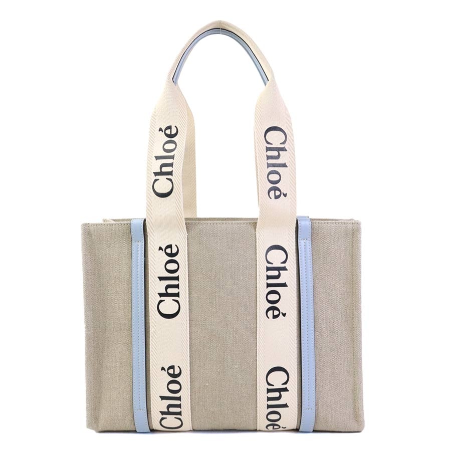 クロエ Chloe トートバッグ Woody トート ミディアム キャンバス/レザー ベージュ/ライトブルー レディース【中古】 h32437k