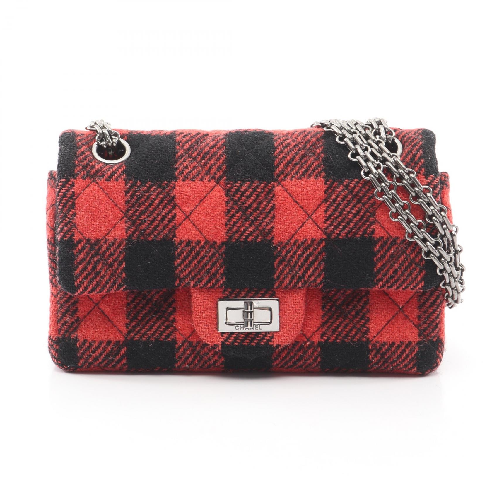 シャネル CHANEL 2.55 マトラッセ マドモアゼルチェーン Wフラップ ショルダーバッグ バッグ ウール レディース レッド系 / ブラック系 【中古】