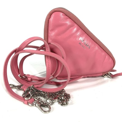 プラダ PRADA ダブルトライアングル 三角ロゴ プレート チェーン 斜め掛け 3WAY ポシェット ポーチ ショルダーバッグ レザー ピンク 美品
