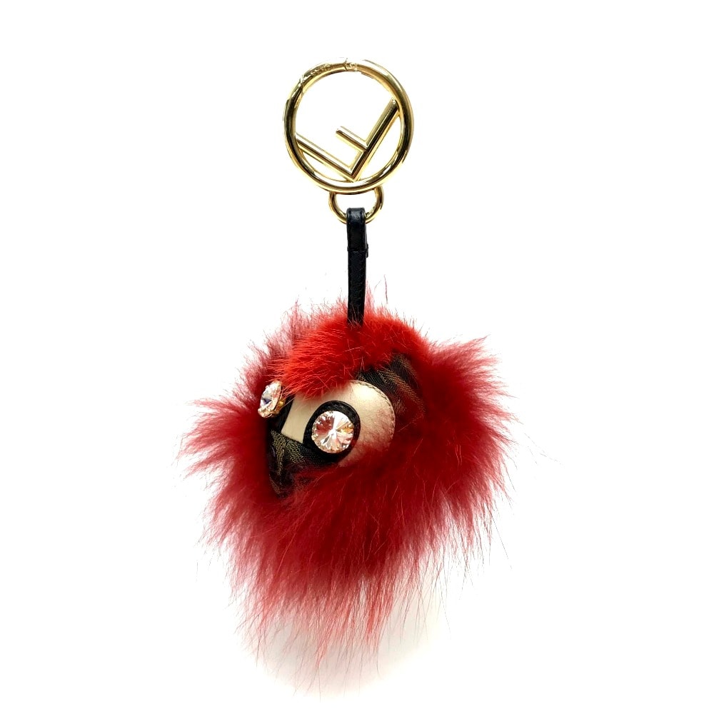 フェンディ FENDI モンスター リアルファー FF柄 ビジュー付き キーリング ファー レッド レッド×ブラウン