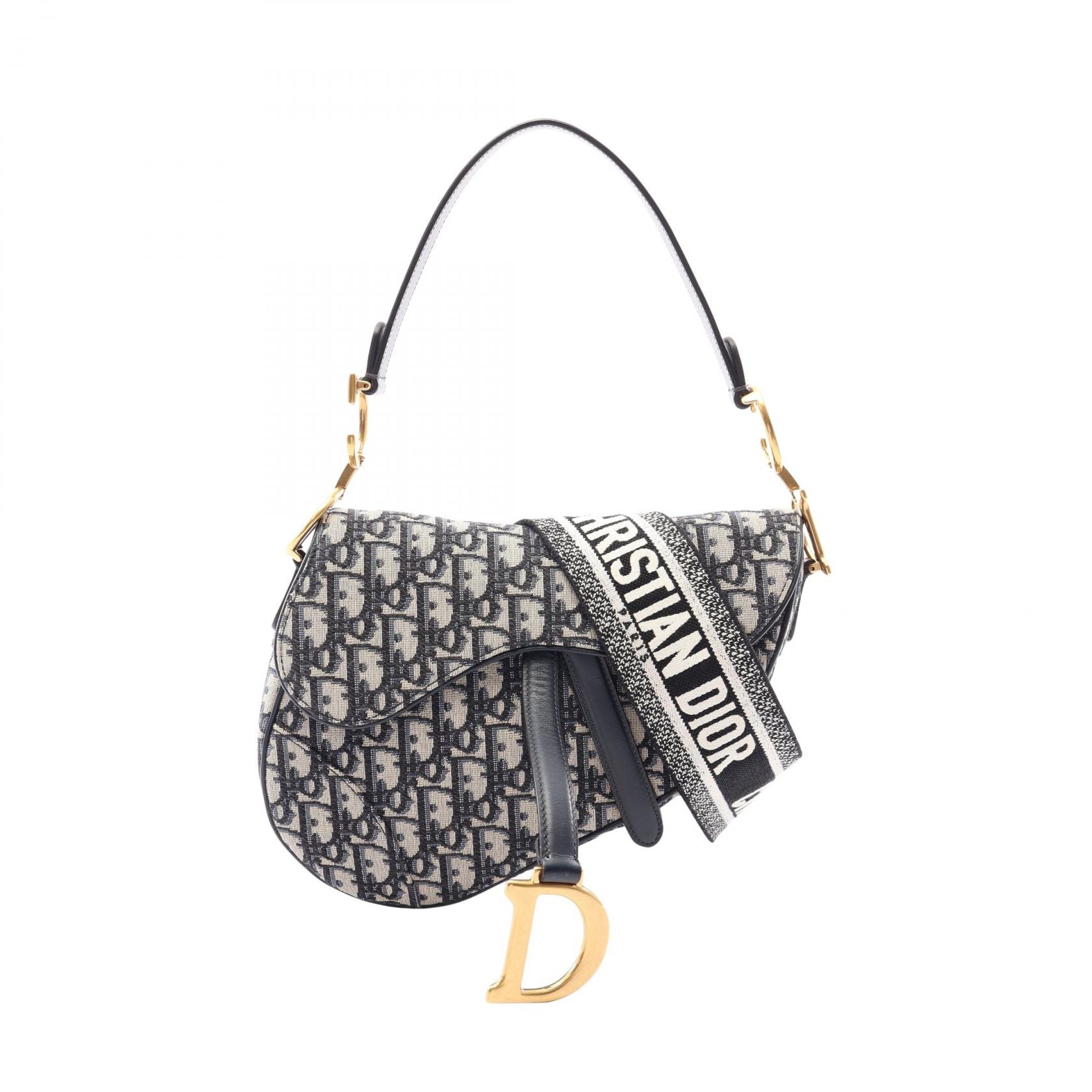 ディオール Dior サドルバッグ オブリーク 2WAY ハンドバッグ バッグ キャンバス レザー レディース アイボリー系 / ネイビー系 【中古】