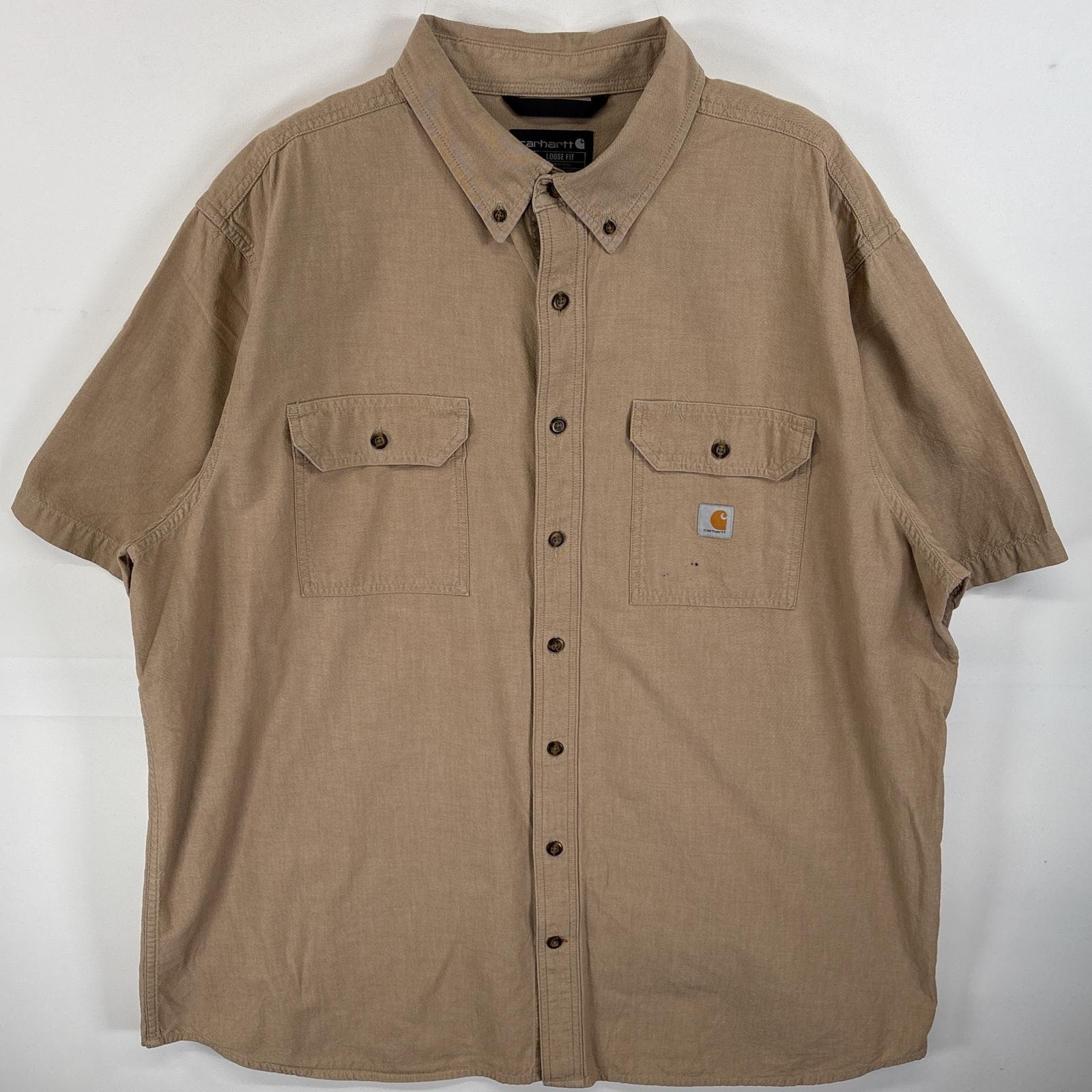 古着 カーハート Carhartt 半袖シャツ ワークシャツ フラップポケ ワンポイント ロゴ 2XL  ベージュ 無地 メンズ