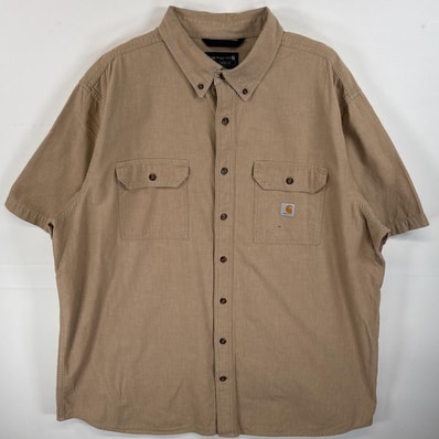 古着 カーハート Carhartt 半袖シャツ ワークシャツ フラップポケ ワンポイント ロゴ 2XL ベージュ 無地 メンズ