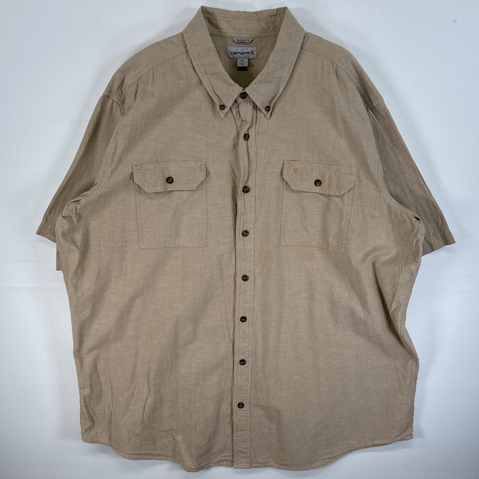 古着 カーハート Carhartt 半袖シャツ ロゴ 刺繍 ボタンダウンシャツ 大きいサイズ 3XL TALL  ベージュ 無地 メンズ