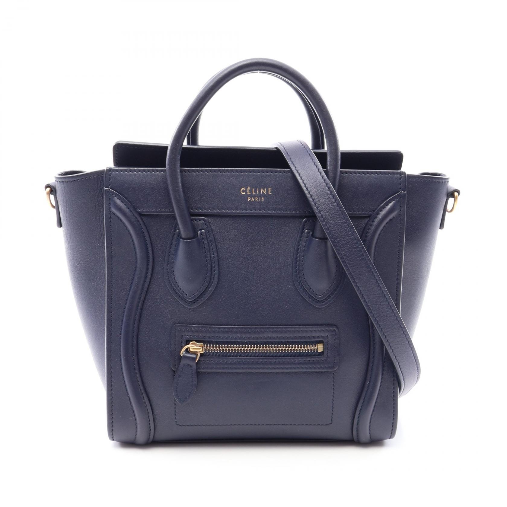 セリーヌ CELINE ラゲージ ナノショッパー 2WAY ハンドバッグ バッグ レザー レディース ネイビー系 【中古】