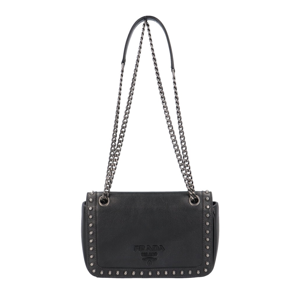 プラダ ロゴ スタッズ ショルダーバッグ レザー 1BD147 ブラック レディース PRADA 中古