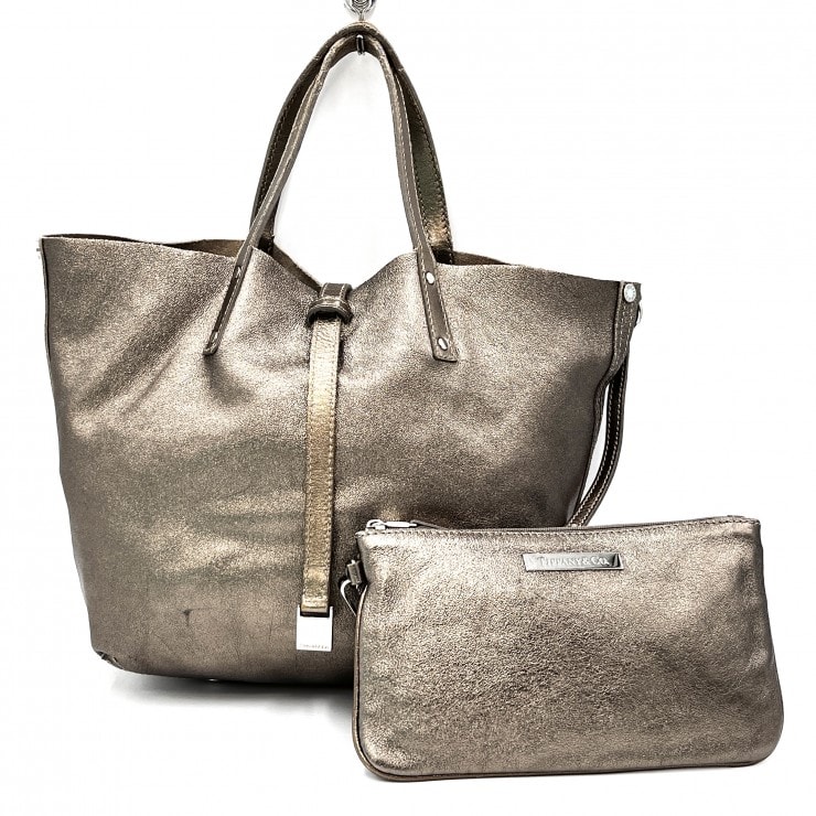 TIFFANY & Co.(ティファニー) リバーシブル トートバッグ ポーチ付き メタリックブロンズ レザー シルバー金具 レディース 【中古】