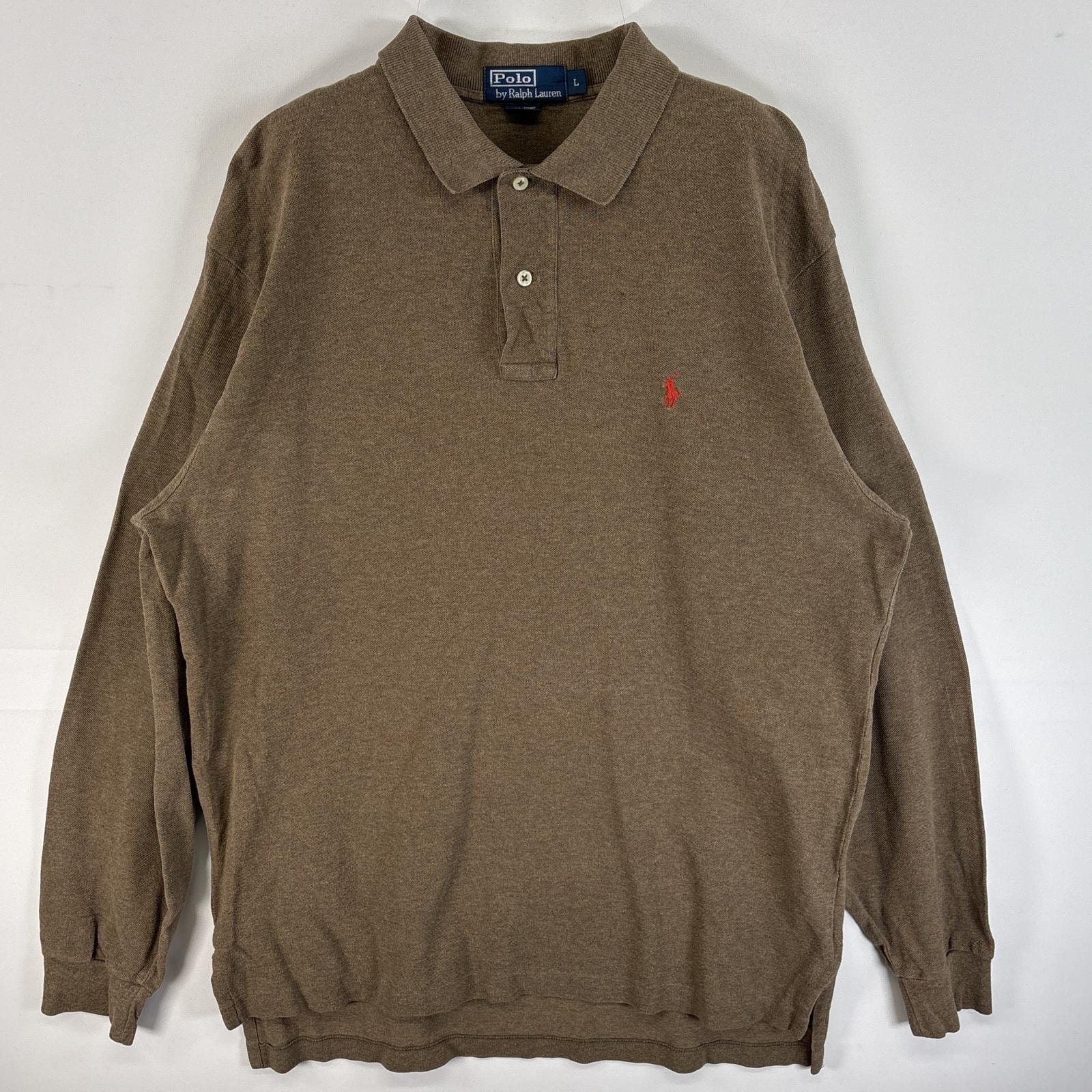 古着 90's/90年代 ポロバイラルフローレン Polo by Ralph Lauren 鹿の子 長袖 ポロシャツ ワンポイント ロゴ 刺繍 混色生地 2ボタン L  ブラウン系 無地 メンズ