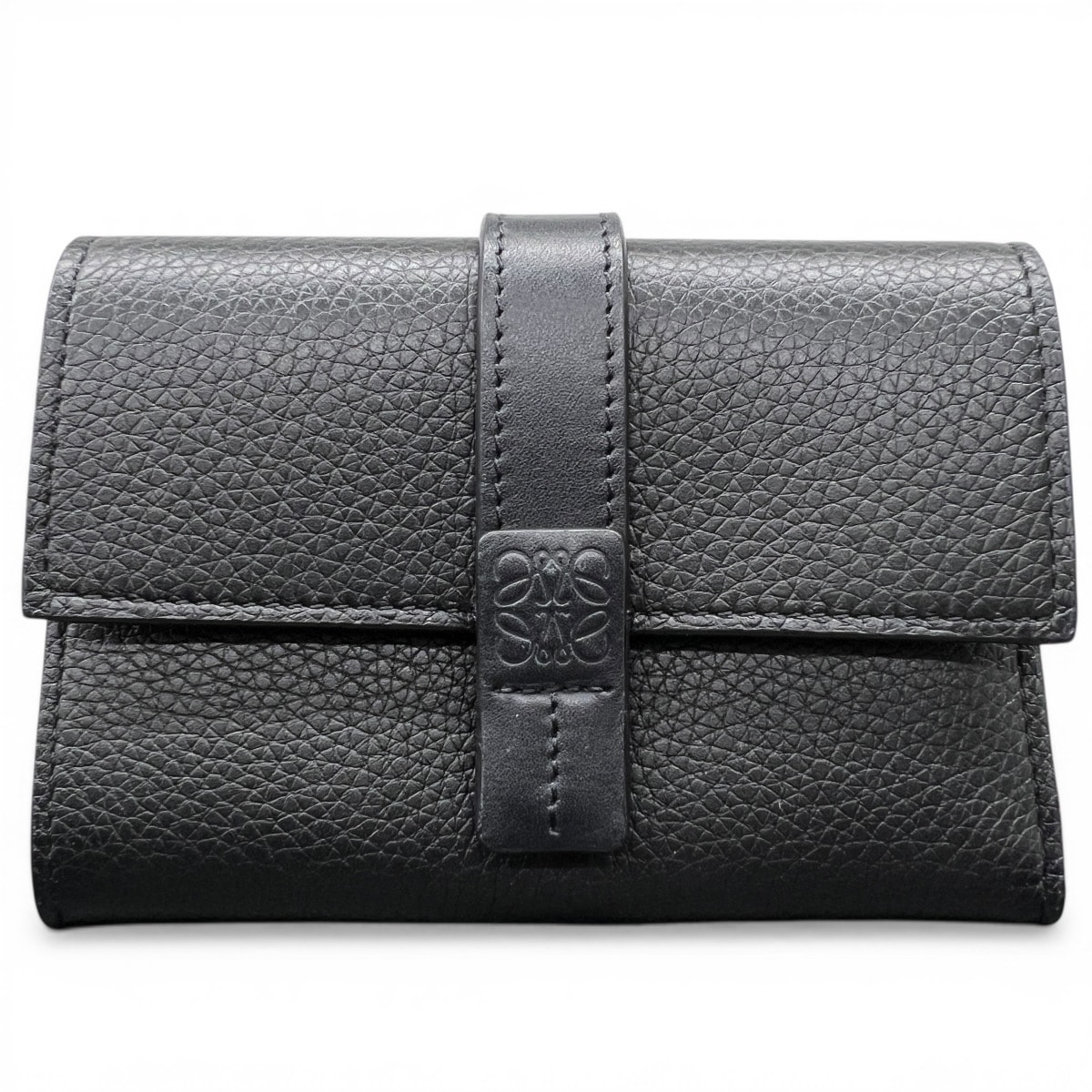 LOEWE 極美品 ロエベ SMALL VERTICAL WALLET スモール バーティカル ウォレット アナグラム 三つ折り財布 レザー ブラック コンパクトウォレット ミニ財布 ユニセックス Aランク 中古 鑑定済 ロエベ財布