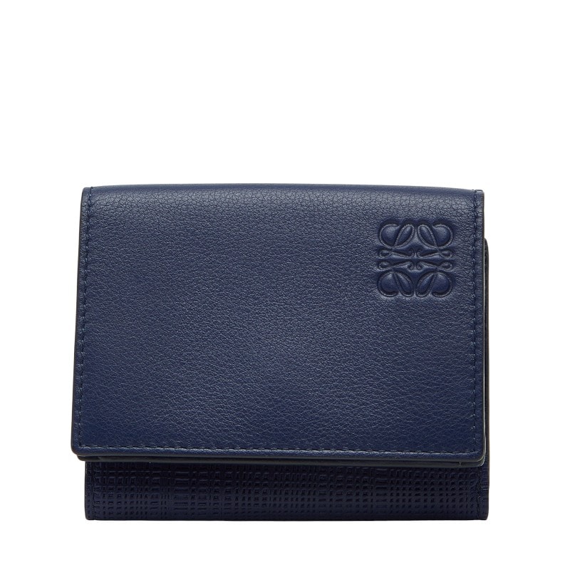 ロエベ リネン 三つ折り財布 トライフォールドウォレット ブルー レザー レディース LOEWE 【中古】
