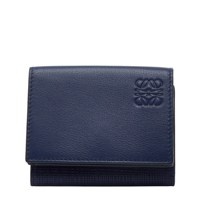 ロエベ リネン 三つ折り財布 トライフォールドウォレット ブルー レザー レディース LOEWE 【中古】
