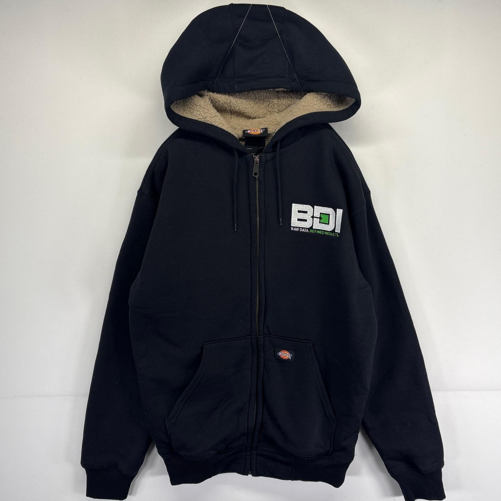 古着 ディッキーズ Dickies パーカー フルジップ ワンポイントロゴ ボアライナー 企業ロゴ刺繍 S ブラック メンズ