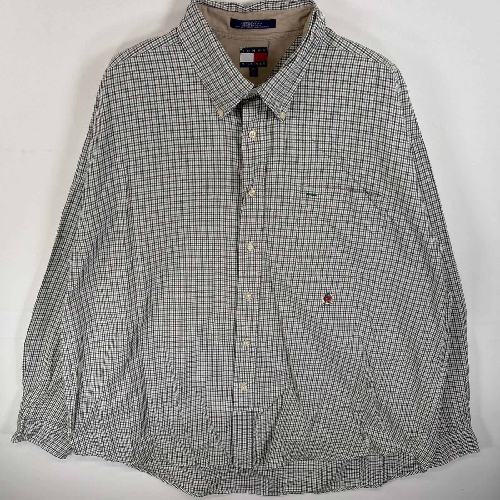 古着 90's/90年代 トミーヒルフィガー TOMMY HILFIGER 長袖シャツ ワンポイント ロゴ 刺繍 胸ポケ ボタンダウンシャツ 14041  ホワイト系 チェック メンズ