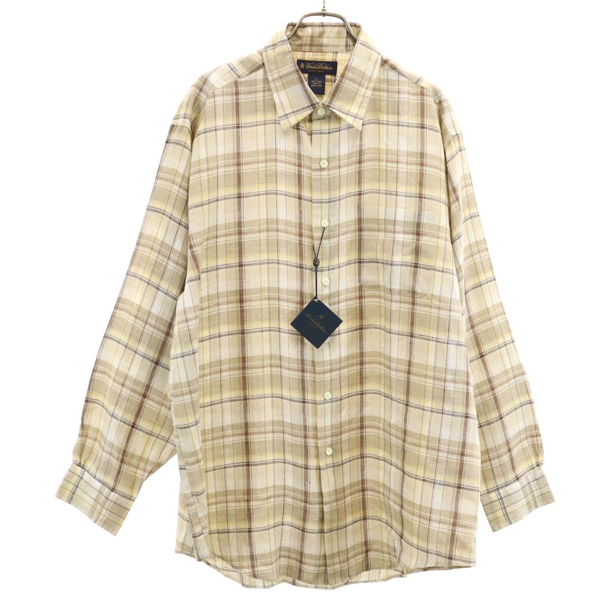 未使用 Brooks Brothers ブルックスブラザーズ チェック柄 長袖 リネンシャツ L ベージュ