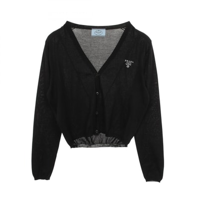 プラダ PRADA ロゴ Vネック カーディガン 衣料品 トップス シルク コットン レディース ブラック系 P25L07 【中古】