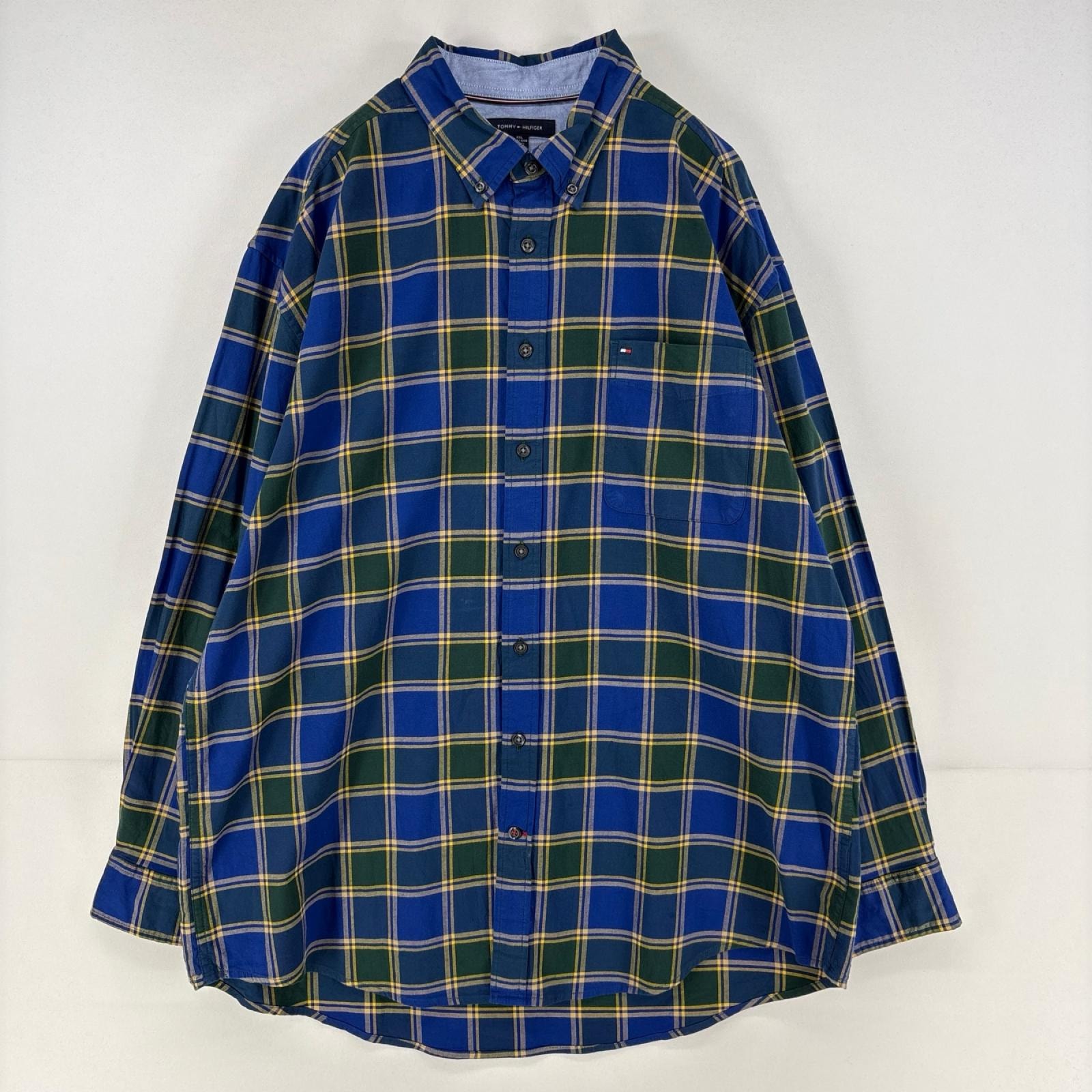 古着 トミーヒルフィガー TOMMY HILFIGER 長袖シャツ ワンポイント 胸ポケット ロゴ 刺繍 大きいサイズ 2XL ブルー チェック メンズ