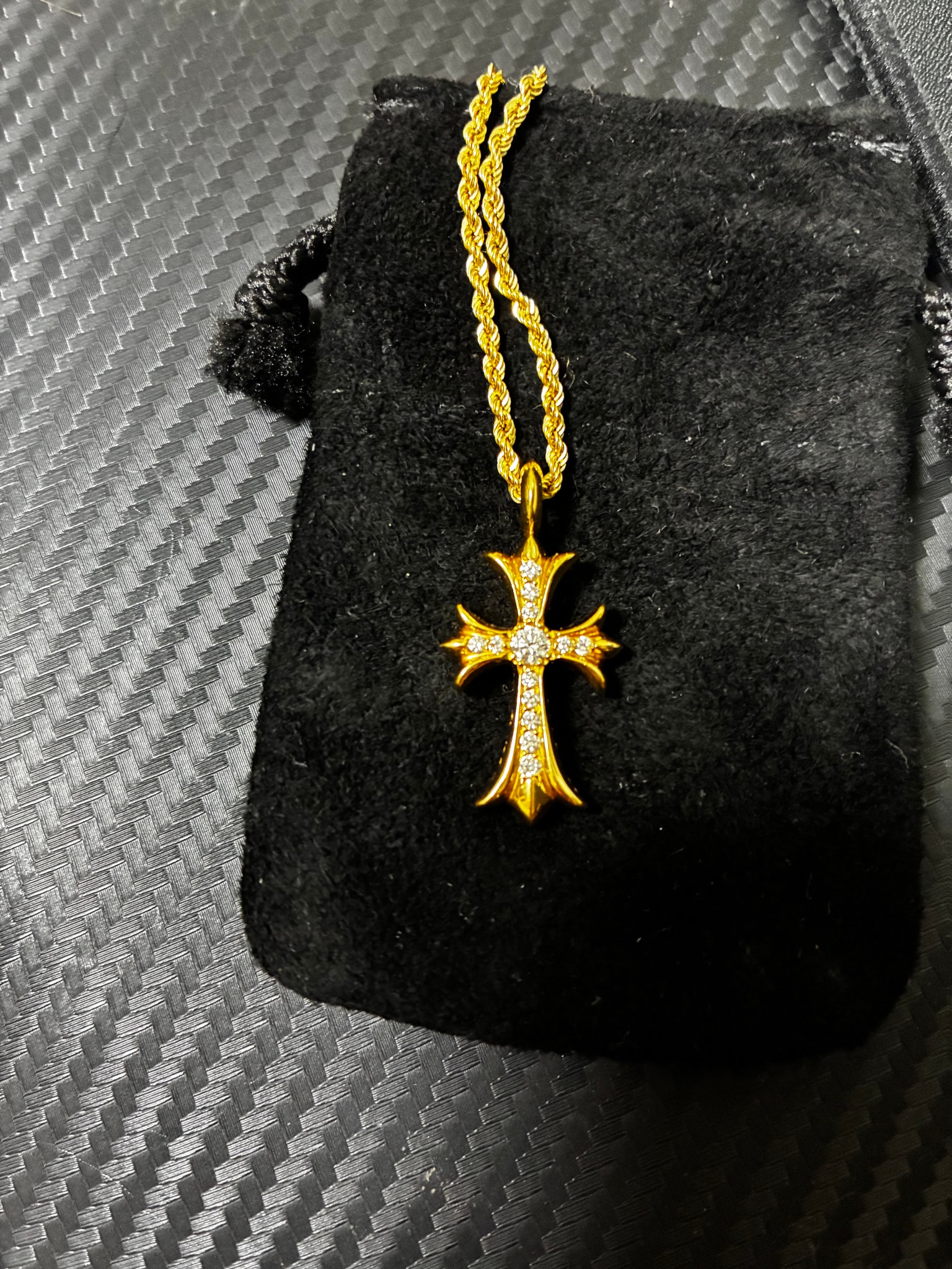 Chrome Hearts 22K Tiny Fat Cross Pave Diamond Pendant Necklace Top "Yellow Gold"