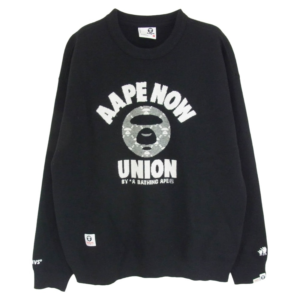 A BATHING APE アベイシングエイプ ニット AAPKNMB370XXN 【フェイクバスターズ鑑定済】AAPENOW moonface エーエイプ ナウ ムーンフェイス ロゴ クルーネック ニット プルオーバー セーター ブラック系 L【中古】