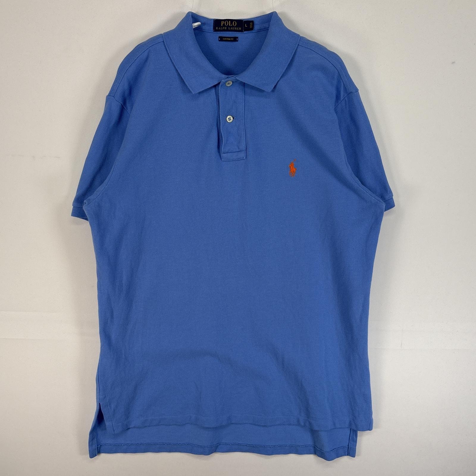 古着 ポロ・ラルフローレン POLO RALPH LAUREN 鹿の子 半袖 ポロシャツ ロゴ 刺繍 2ボタン L  ブルー系 無地 メンズ