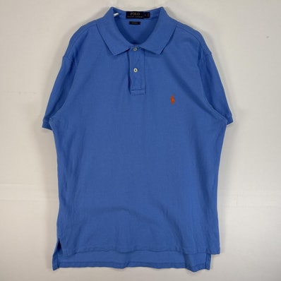 古着 ポロ・ラルフローレン POLO RALPH LAUREN 鹿の子 半袖 ポロシャツ ロゴ 刺繍 2ボタン L ブルー系 無地 メンズ