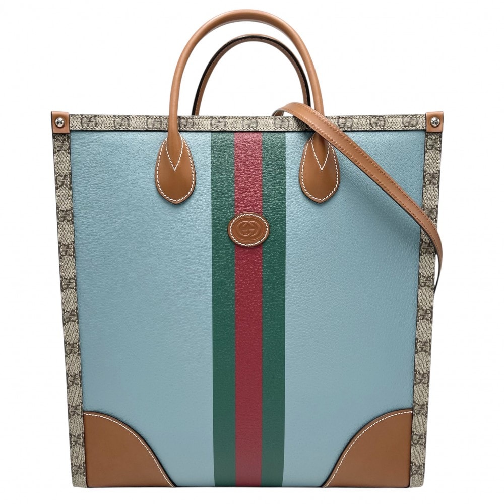 GUCCI グッチ 2WAY ウェブGG ミディアムトートバッグ ハンドバッグ ショルダーバッグ 肩掛け 斜め掛け GGスプリーム 723885 PVCコーティングキャンバス  レザー   ブルー 青 ベージュ シルバー金具 レディース 美品【中古品】