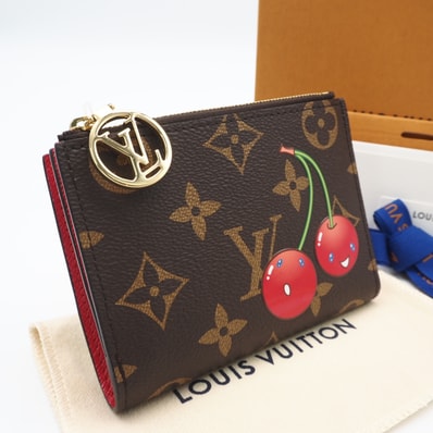 極美品 LOUIS VUITTON ルイ・ヴィトン LV ブルーム ミニ トリフォールド ウォレット M13420 二つ折り財布 ブラウン ベージュ レッド コーティングキャンバス レザー レディース