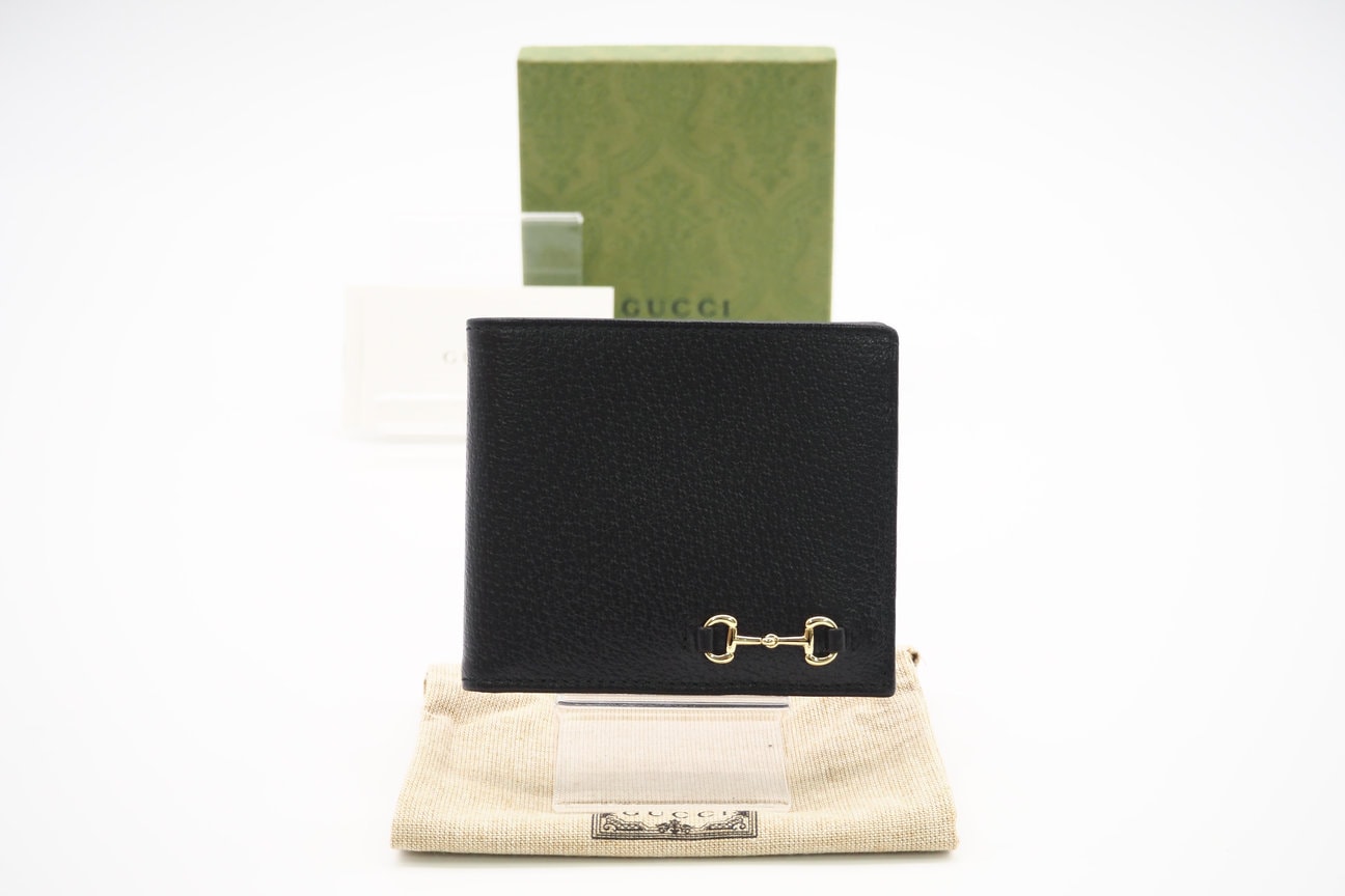 極美品 GUCCI グッチ ホースビット コンパクトウォレット 700462 二つ折り財布 ブラック レザー メンズ