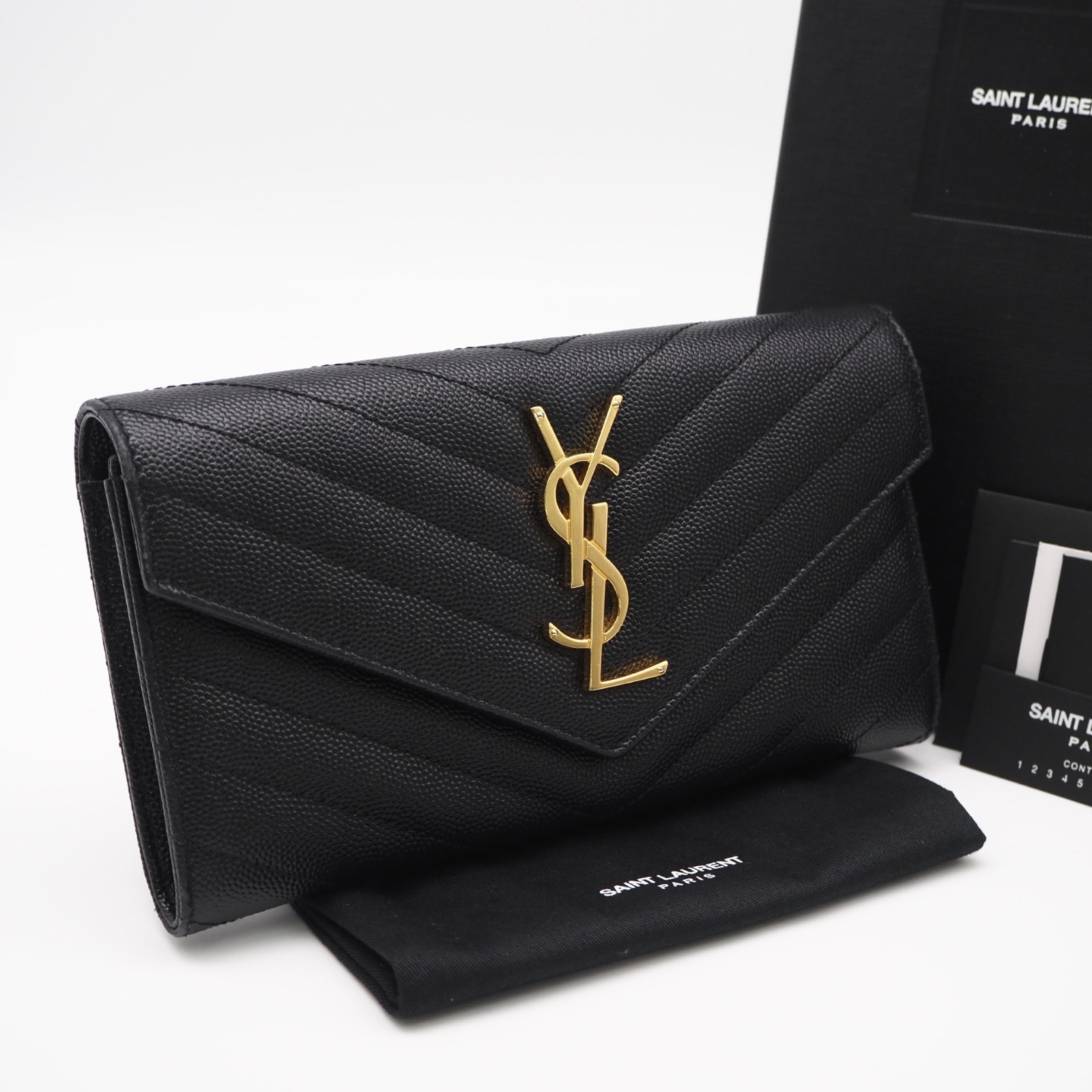 美品 SAINT LAURENT サンローラン カサンドラ SAINT LAURENT マトラッセ ラージ フラップウォレット 372264 長財布 ブラック ゴールド カーフレザー レディース