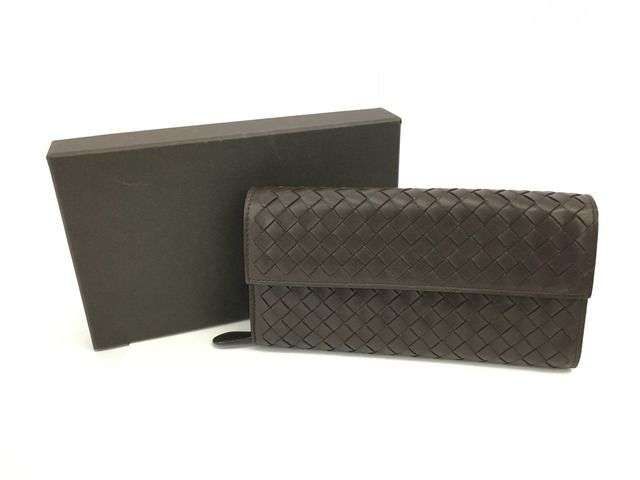 良好 ボッテガヴェネタ イントレチャート レザー 長財布 ダークブラウン