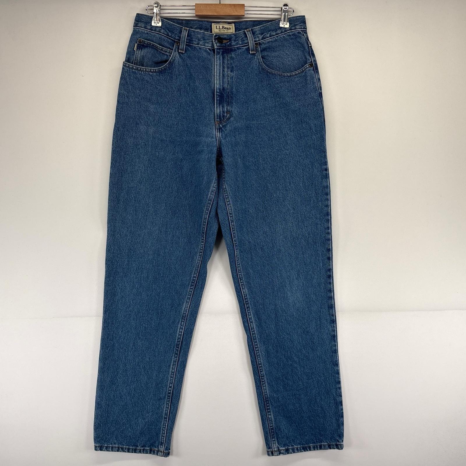 古着 エルエルビーン L.L.Bean デニム パンツ テーパード レザーパッチ 5ポケット w33×L32  ブルー系 メンズ