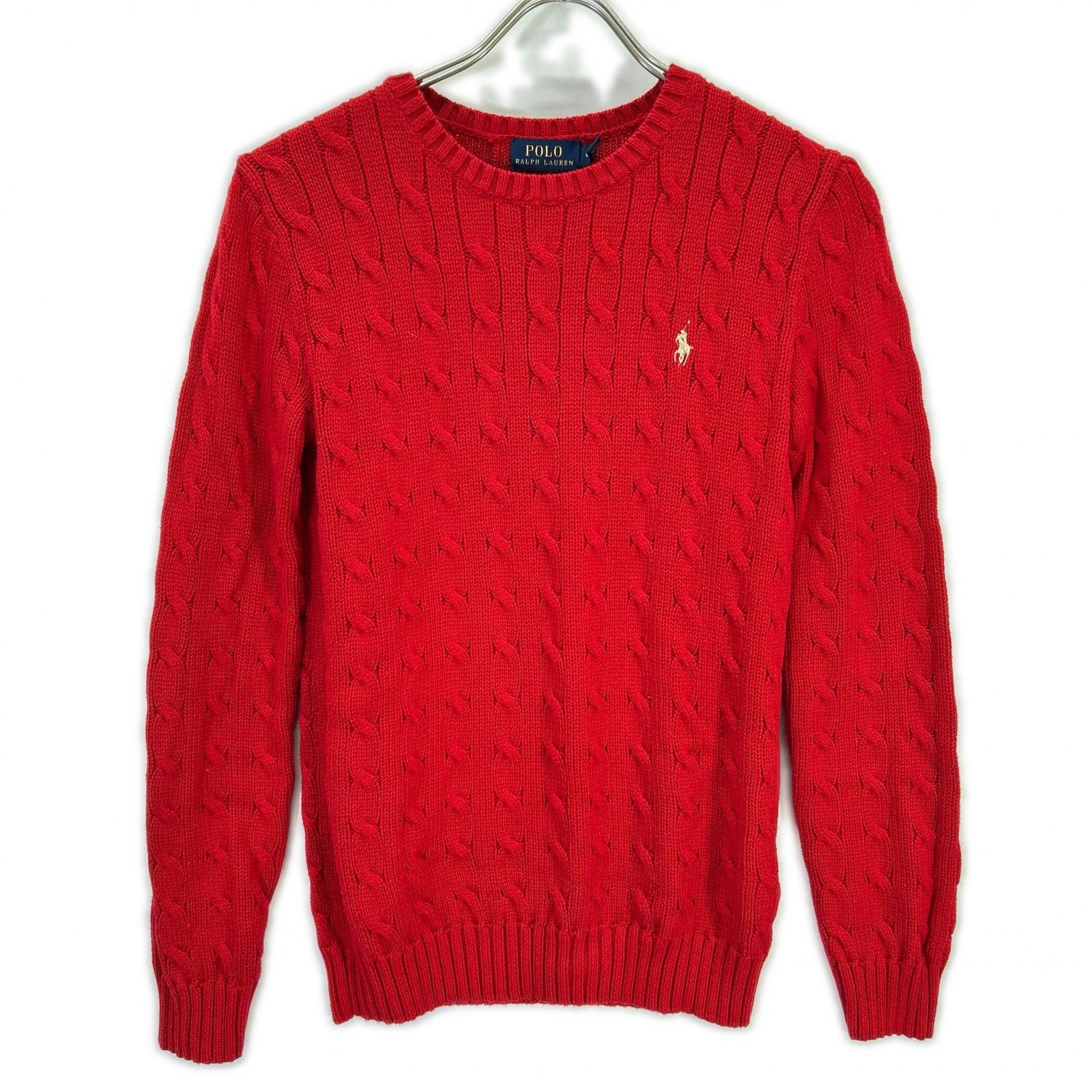 ポロ ラルフローレン レッド コットン100 ロゴ刺繍 ロングスリーブ ケーブルニット XS