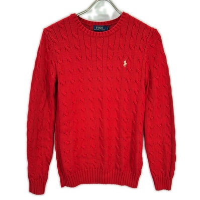 ポロ ラルフローレン レッド コットン100 ロゴ刺繍 ロングスリーブ ケーブルニット XS