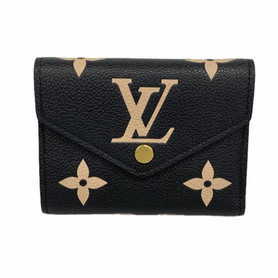 【6dc3692-k】ルイヴィトン 三つ折り財布 モノグラム・アンプラント バイカラー ポルトフォイユヴィクトリーヌ M80968 ブラック ベージュ【中古】レディース