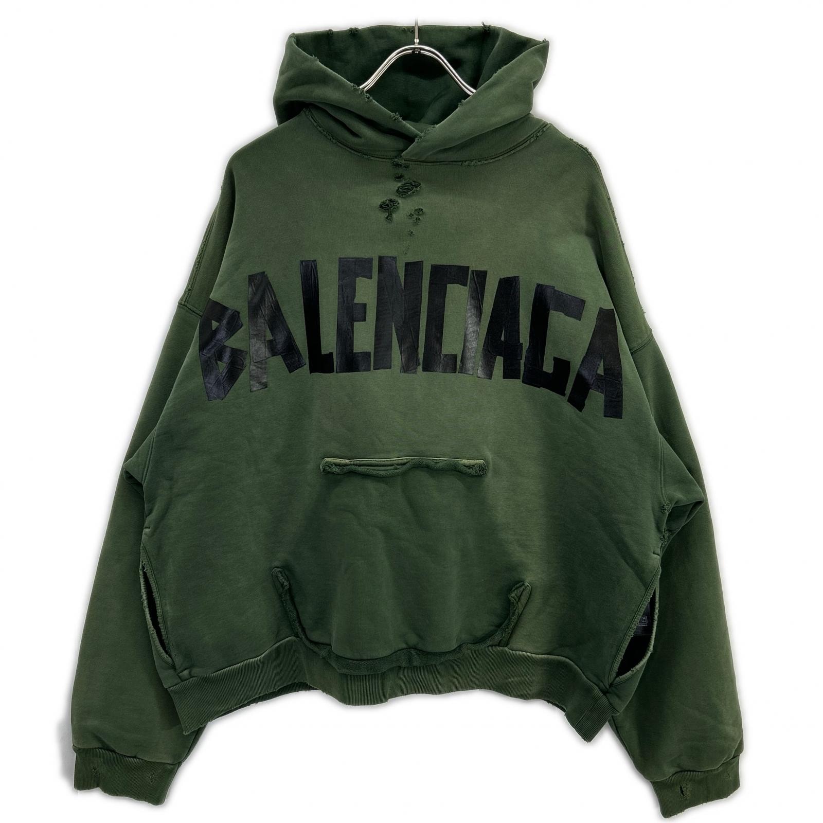 バレンシアガ 23年製 744441 カーキ Tape Type Ripped Pocket Hoodie S