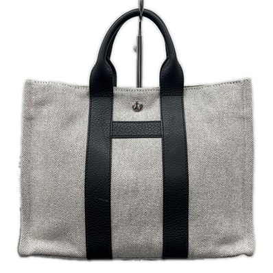 HERMES 極美品 エルメス サックアーネPM トートバッグ トワルアッシュ ネゴンダ キャンバス レザー ブラック ホワイト ハンドバッグ Aランク 中古 鑑定済 エルメスバッグ