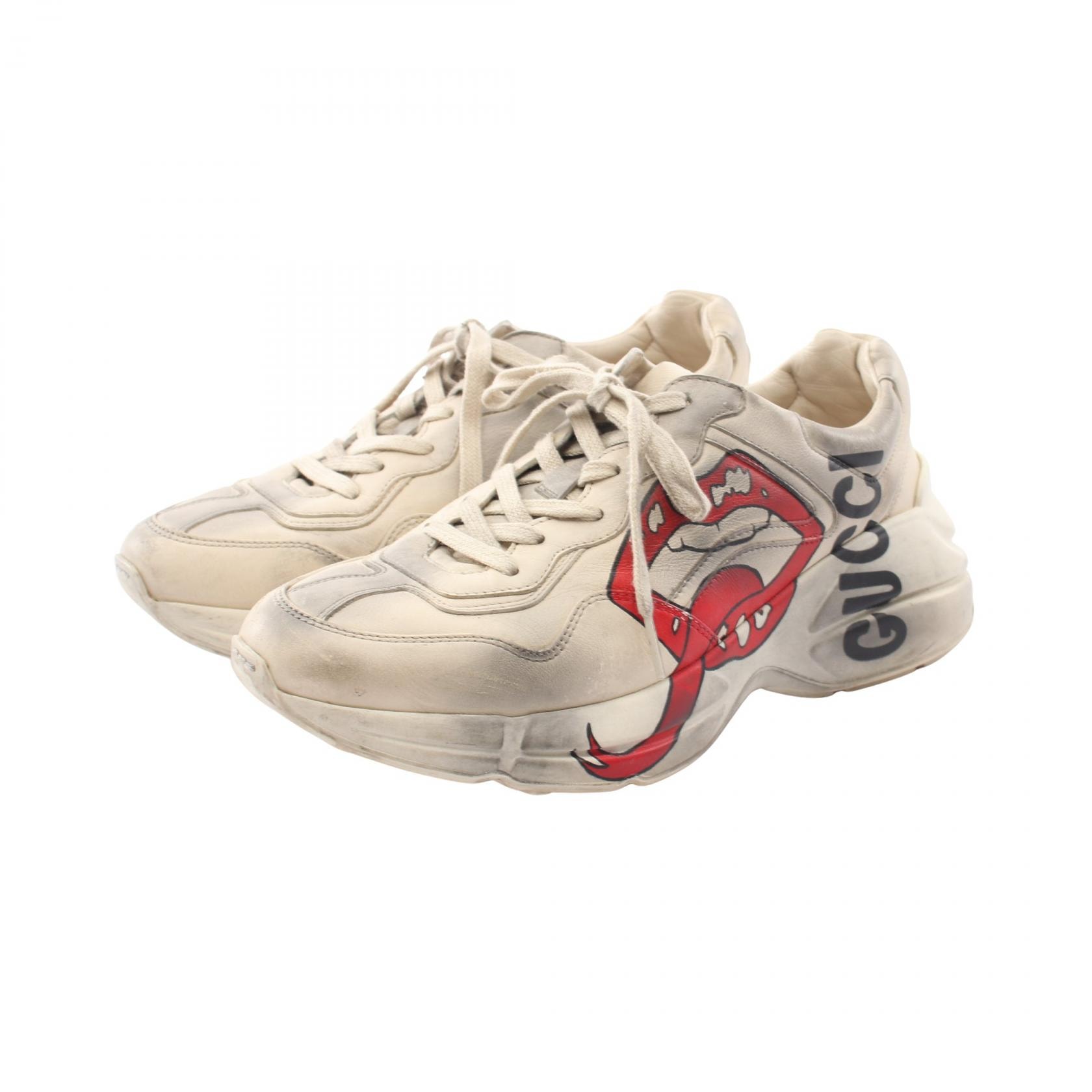 グッチ GUCCI ライトン マウス プリント ダメージ加工 スニーカー 靴 レザー メンズ アイボリー系 552089 【中古】