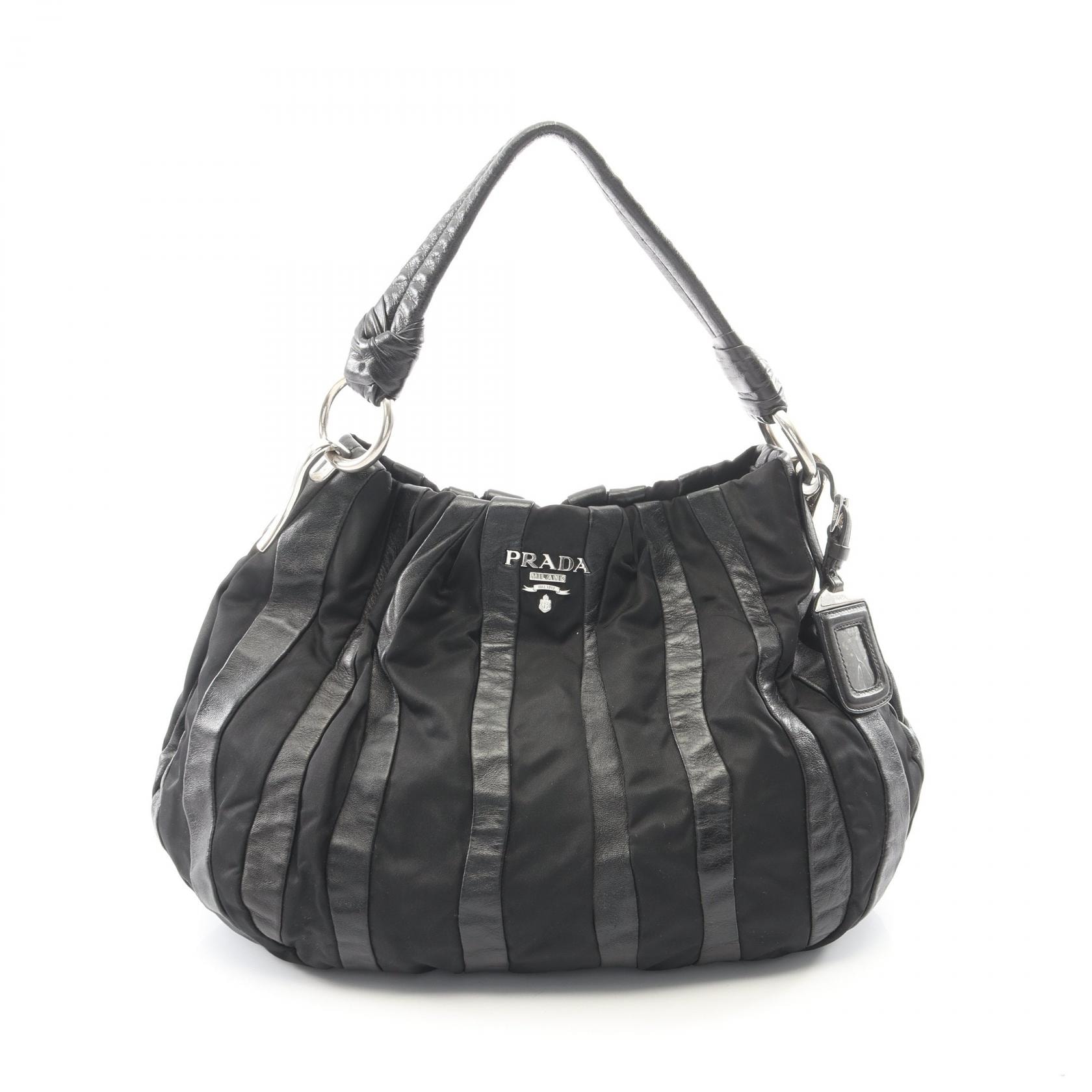 プラダ PRADA ストライプ ハンドバッグ バッグ ナイロン レザー レディース ブラック系 【中古】