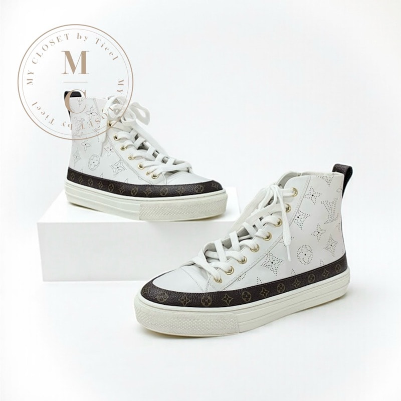 ルイヴィトン LOUIS VUITTON ステラーライン モノグラム スニーカー 靴 シューズ レザー ホワイト ブラウン ロゴ パンチング ハイカット